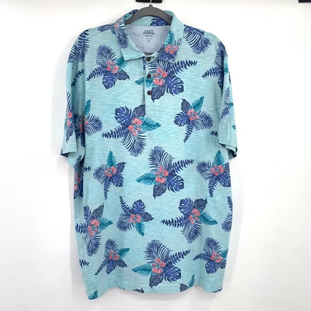 IZOD Saltwater Teal Tropical Relaxed Classic Mens Short Sleeve Polo Shirt‎ Sz XL